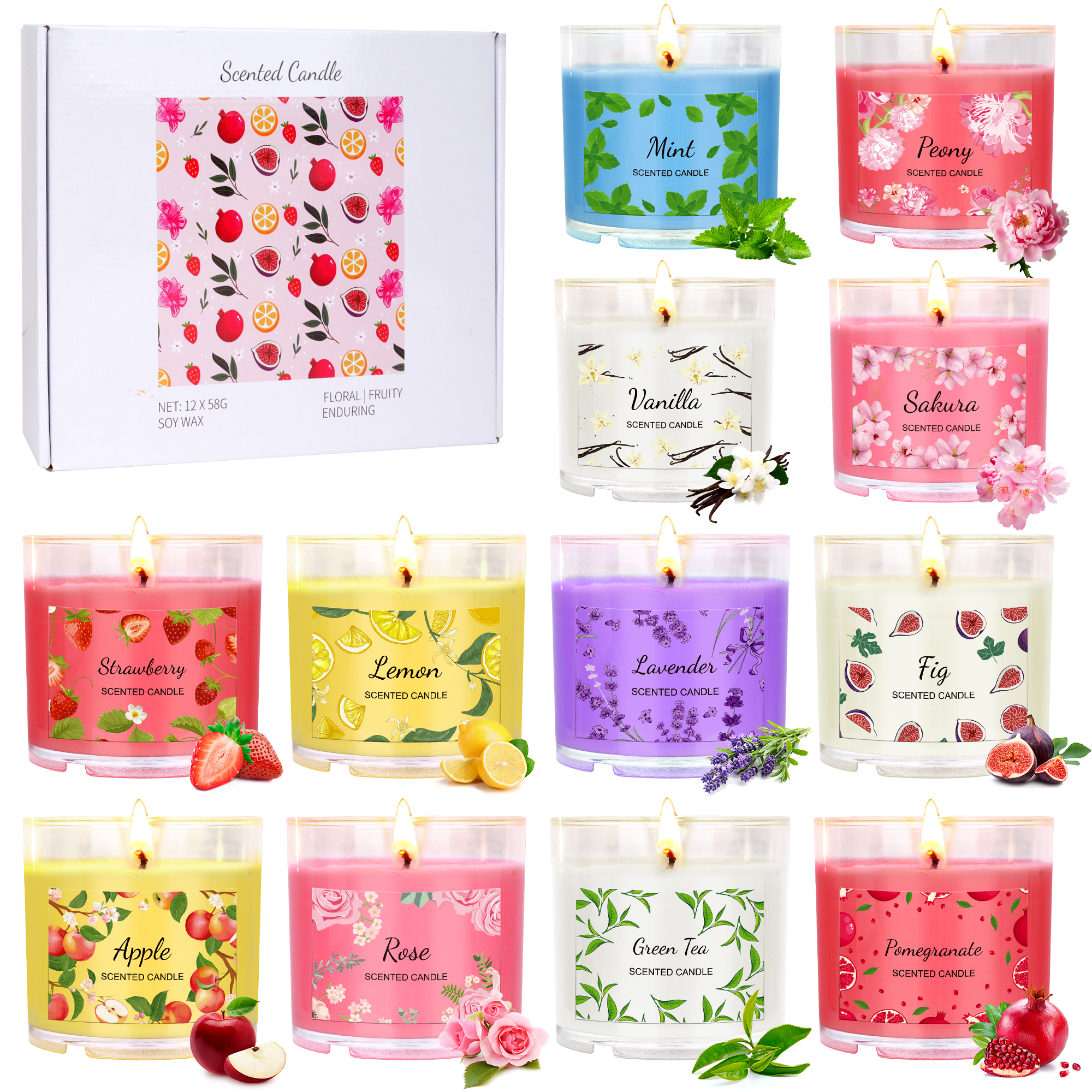 Twelve colors of glass jar candles