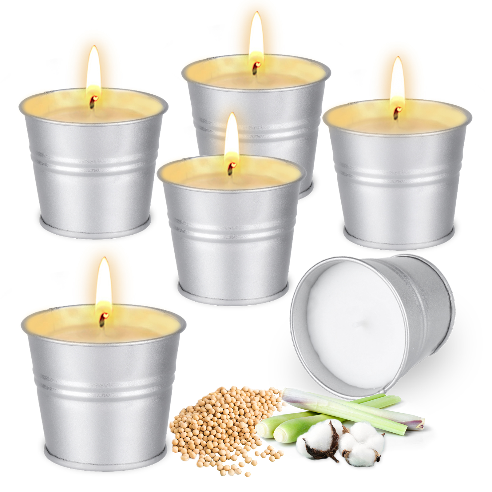 6 tin cans with lemongrass candles