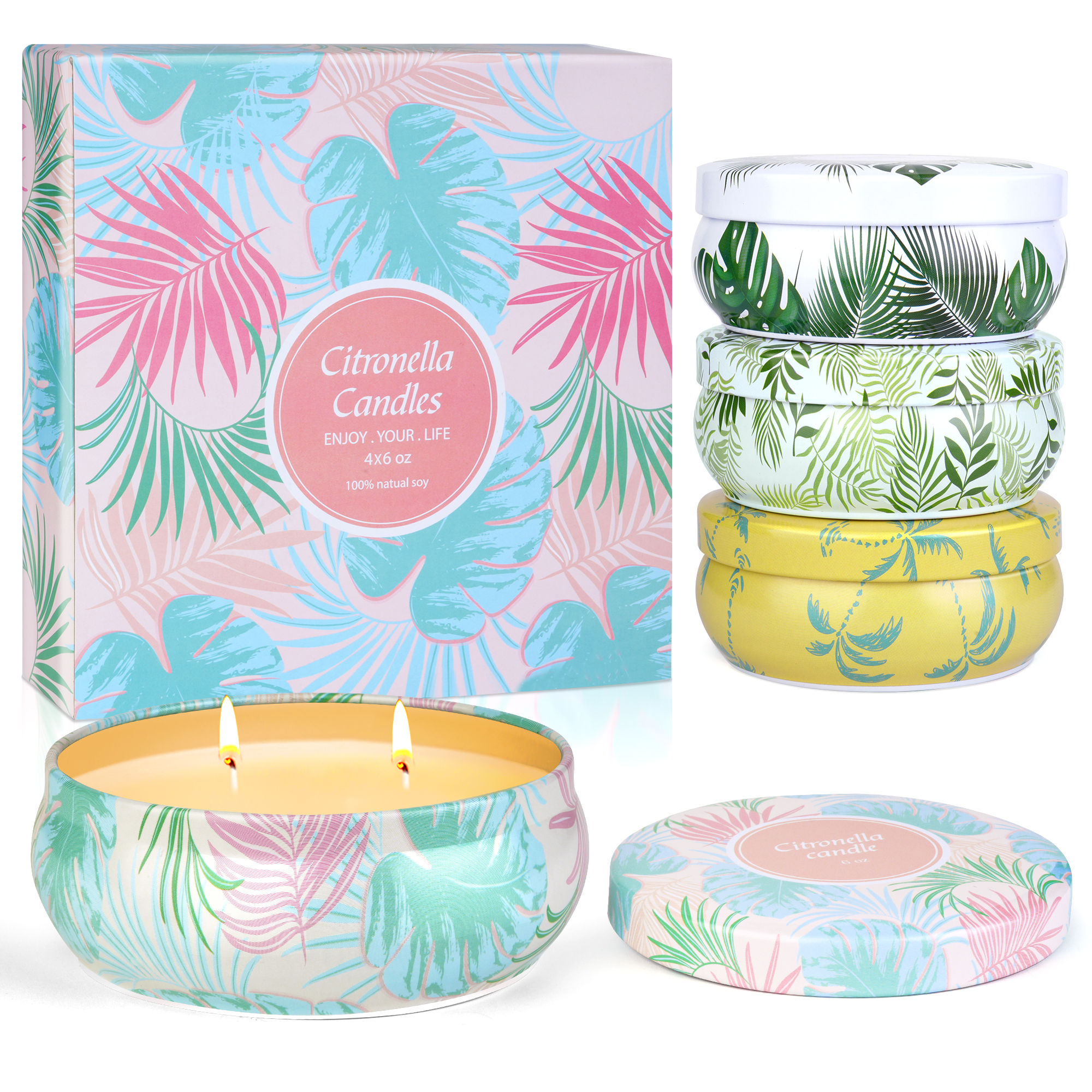 4 tin cans with lemongrass candles