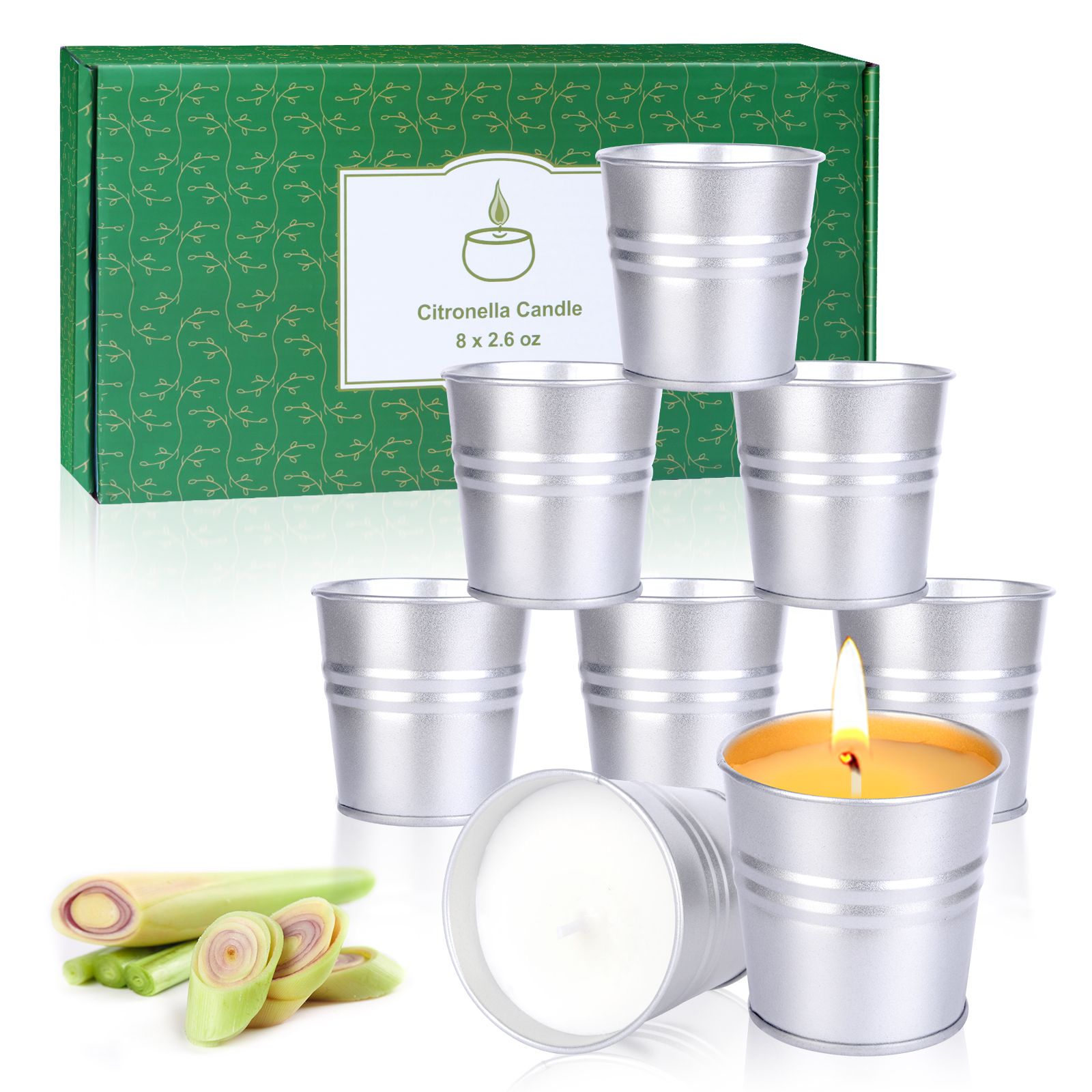 8 tin cans with lemongrass candles