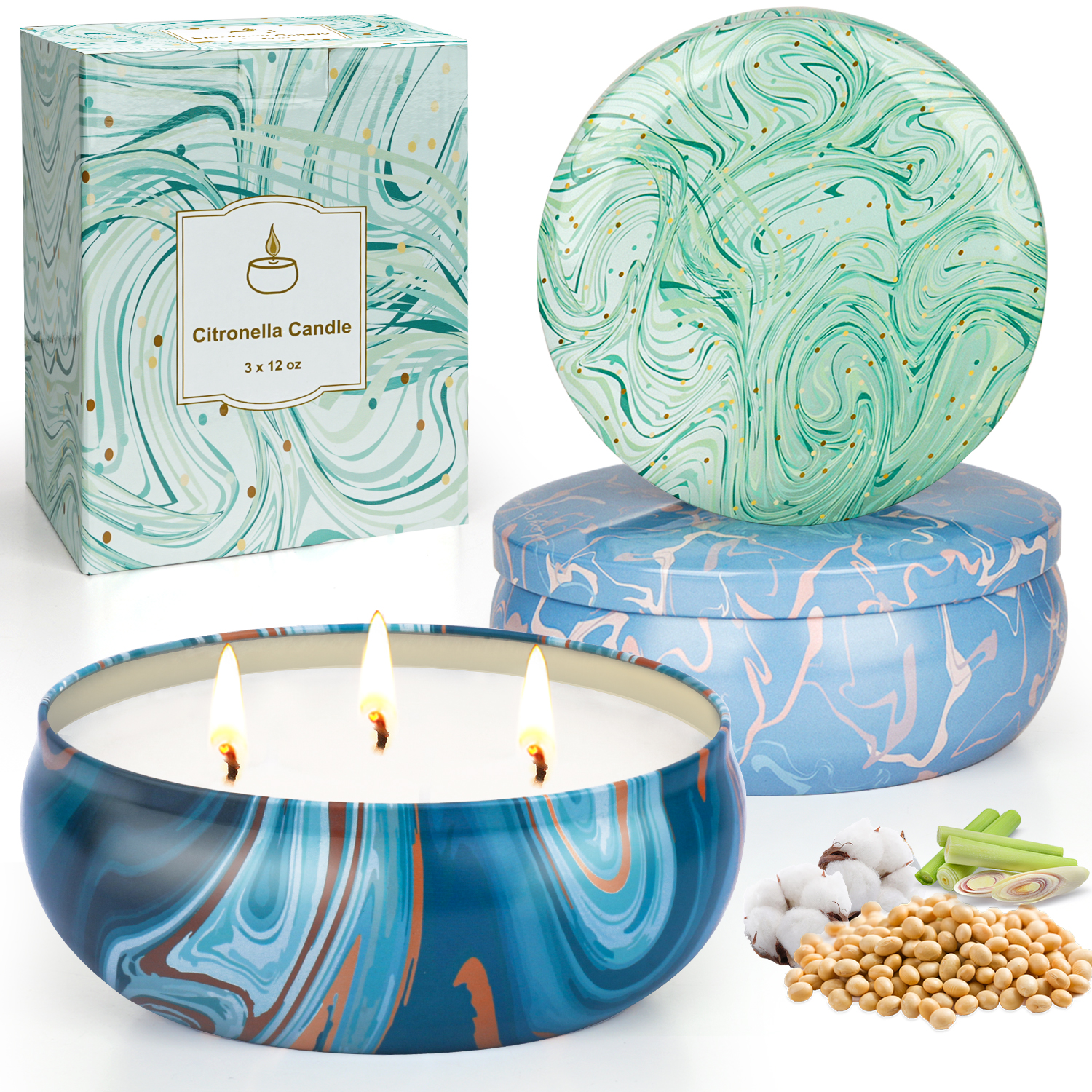 3 tin cans with lemongrass candles