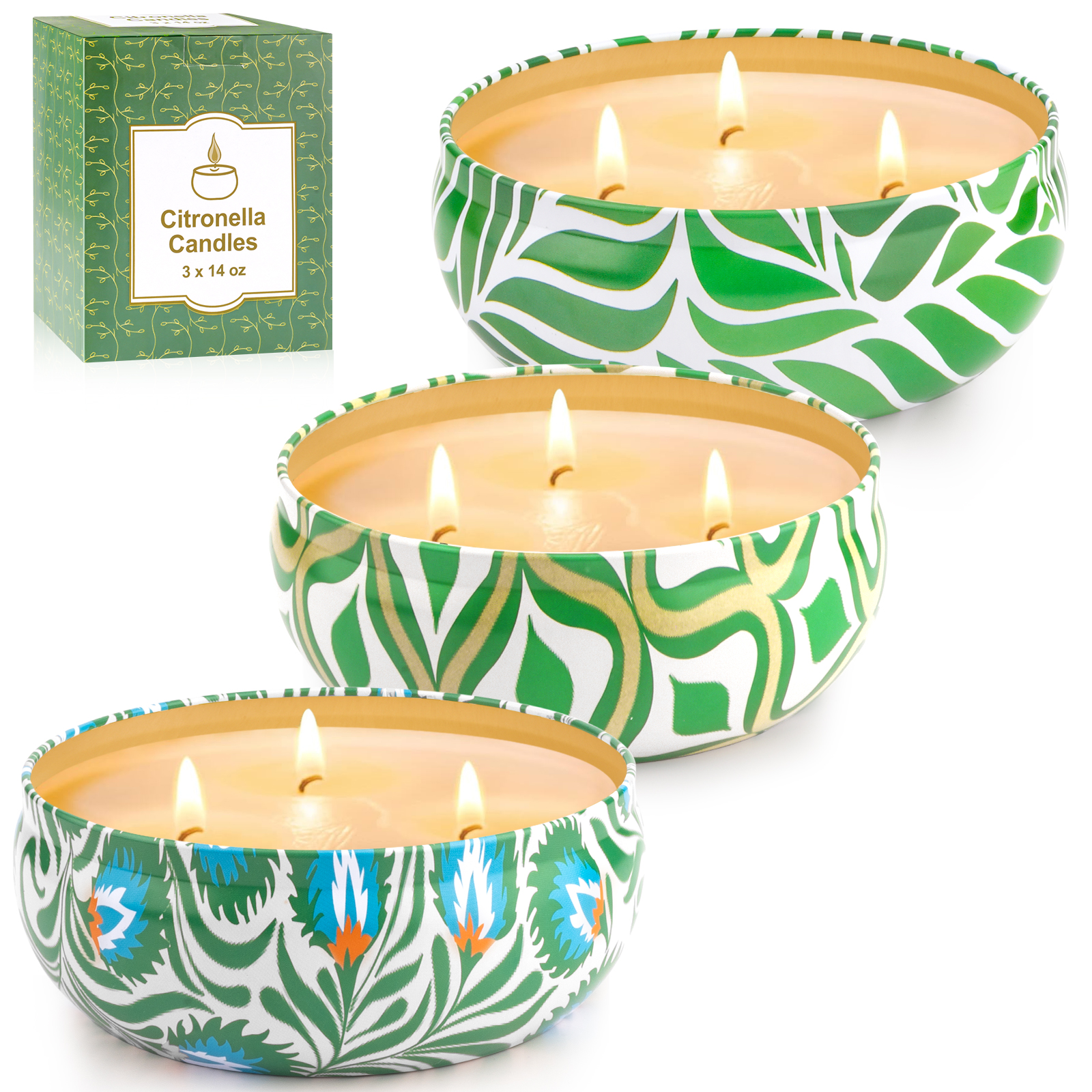 3 tin cans with lemongrass candles