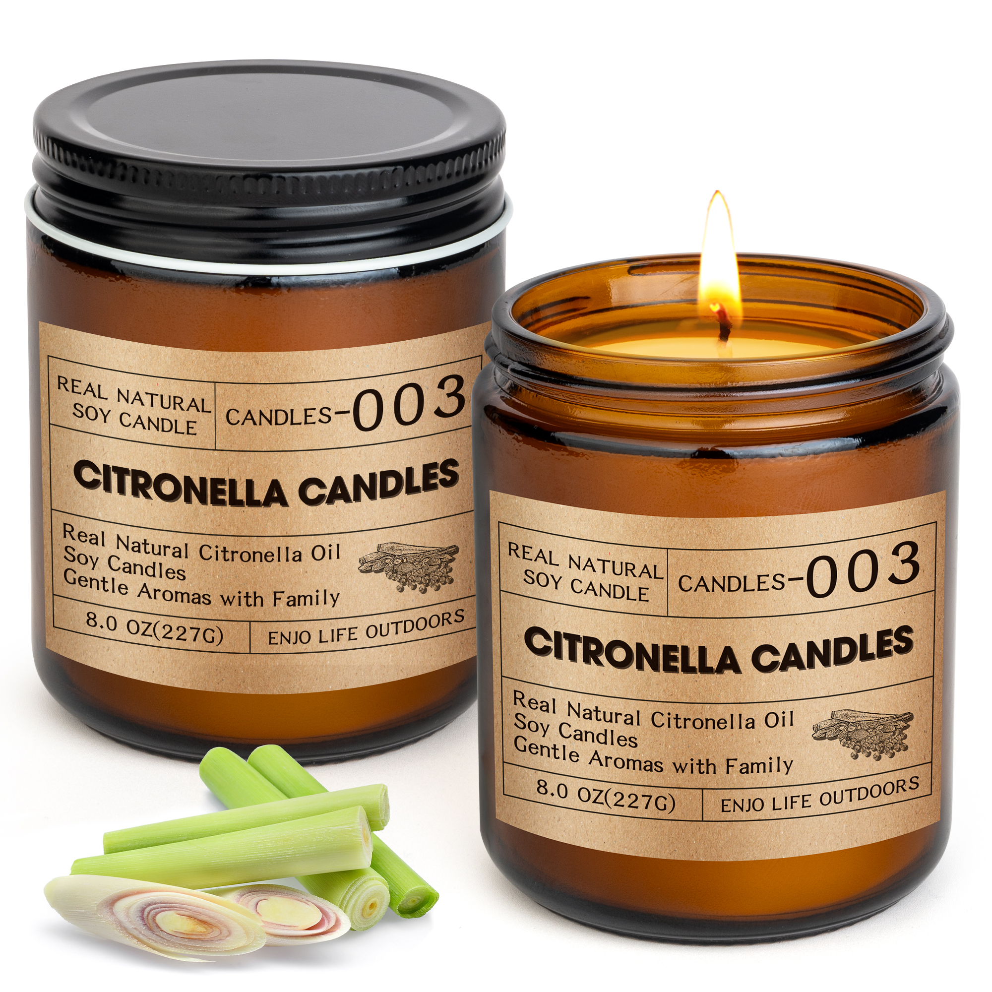 2 glass jar filled lemongrass candle