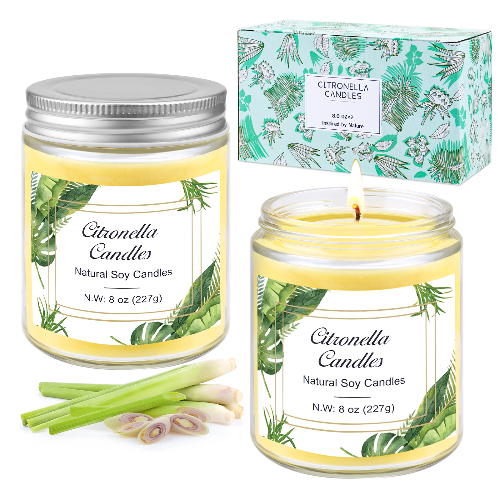 2 glass jar filled lemongrass candle