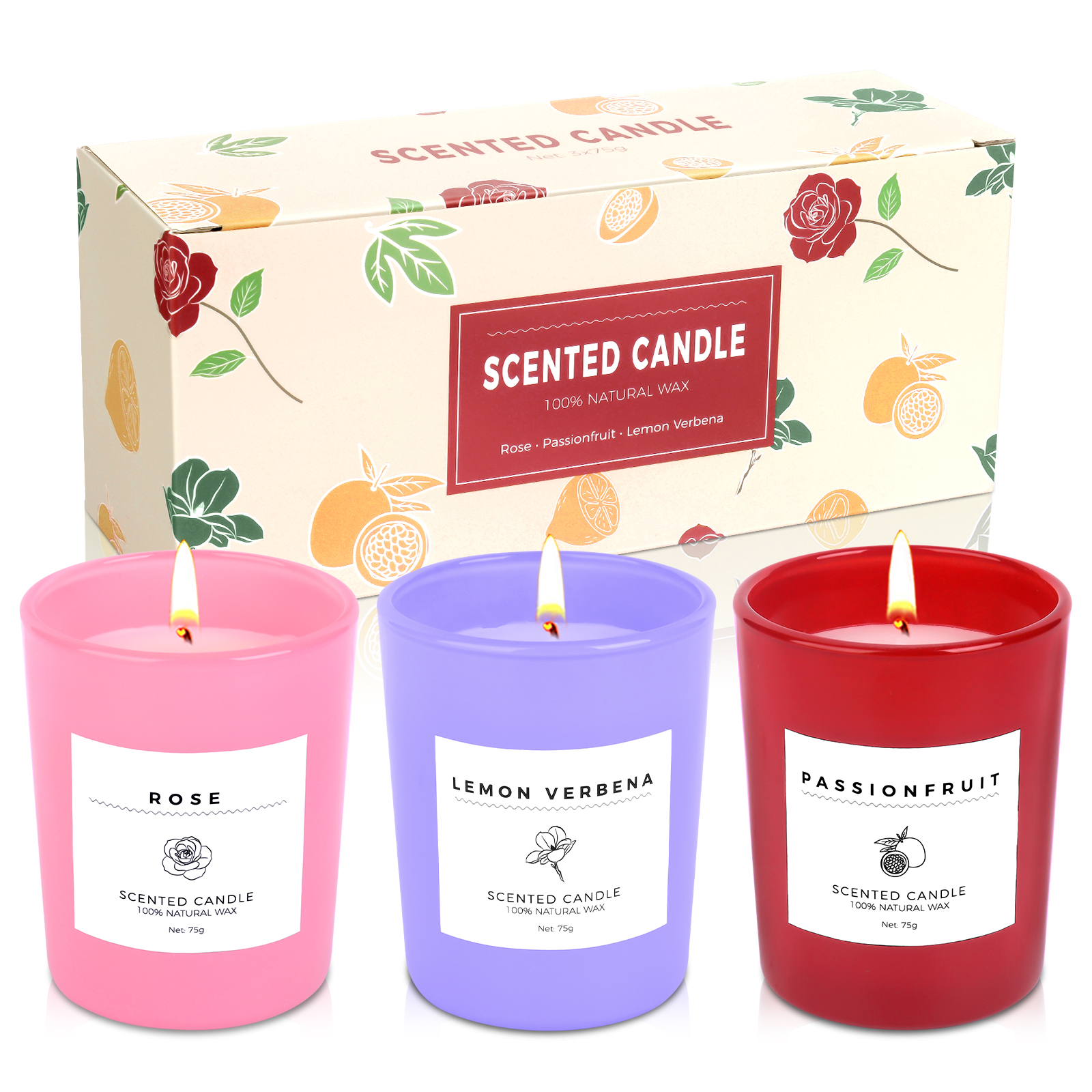 Three colors of glass jar candles
