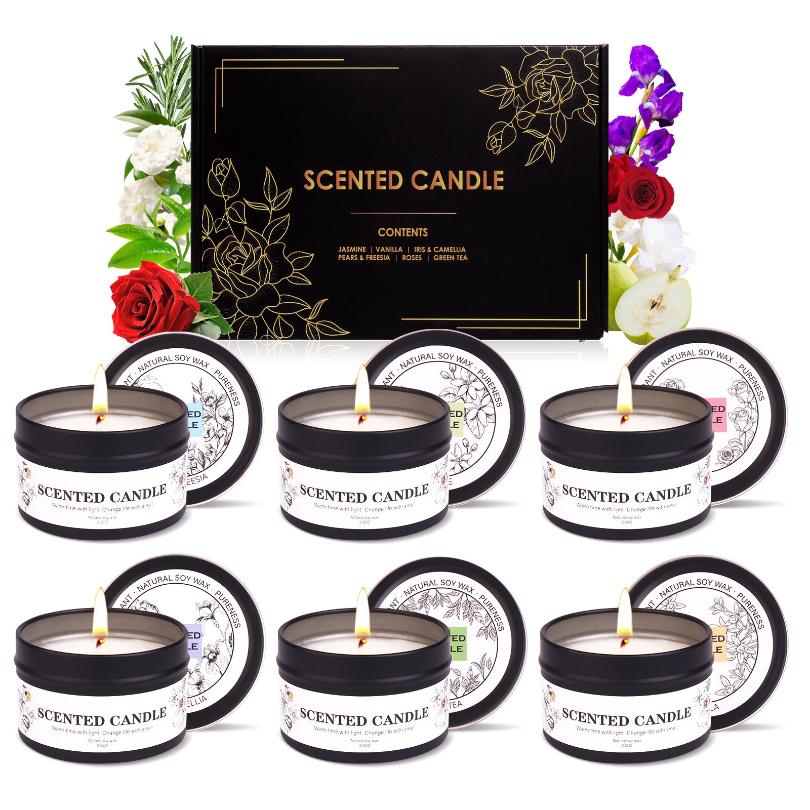 6 tin vessels candles