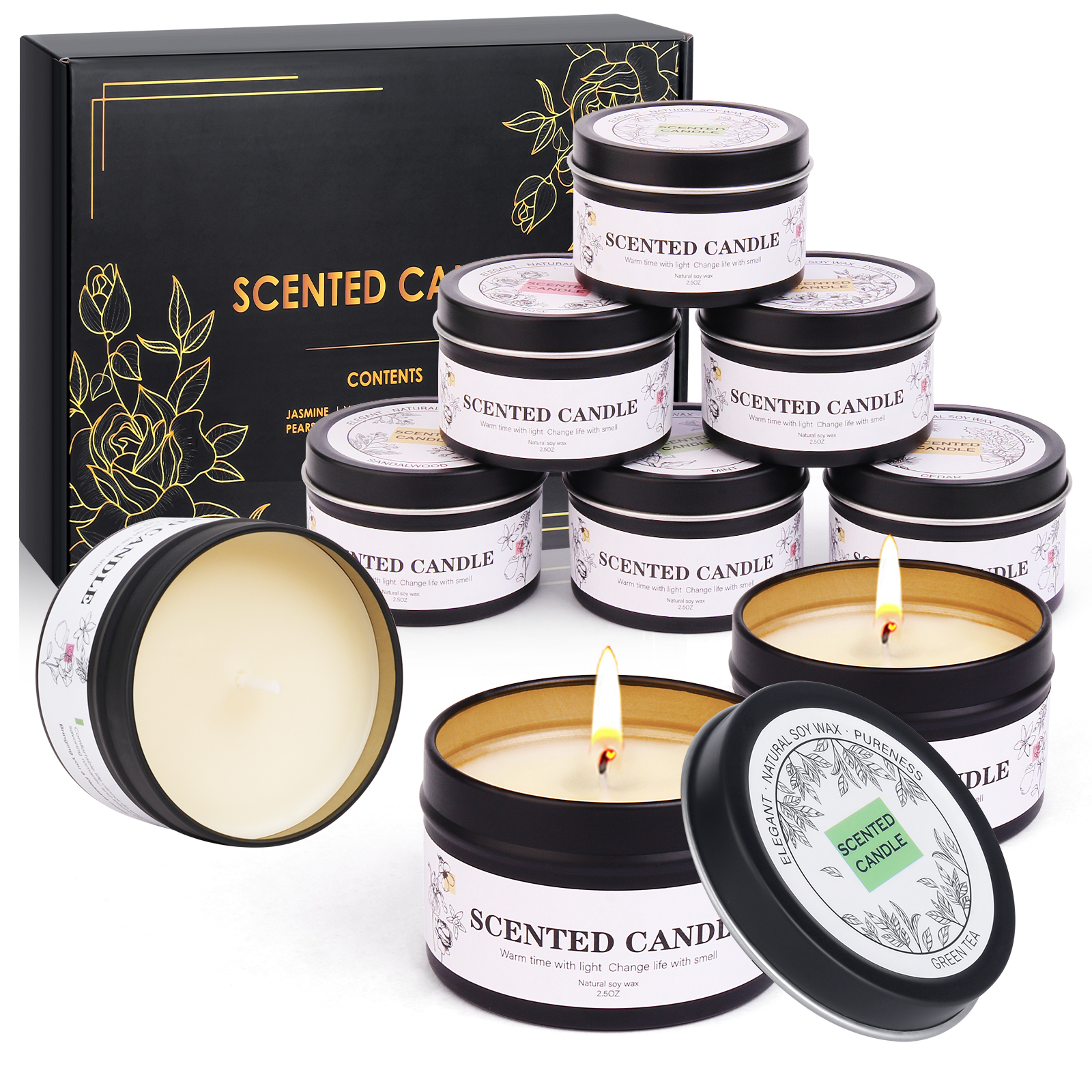 9 tin vessels candles